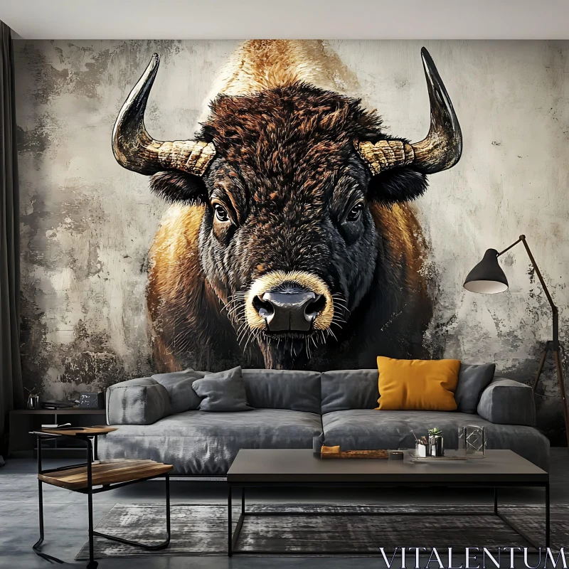 Bull Head Mural as Living Room Focal Point AI Image