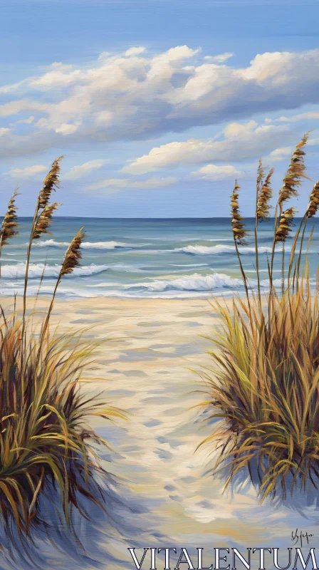 AI ART Calm Ocean Waves Washing onto Sandy Shore with Dune Grasses