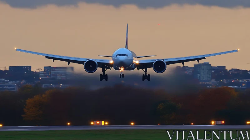 Commercial Airplane Taking Off at Sunset AI Image