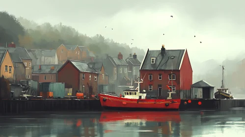 Serene Harbor with Red Boat and Foggy Village