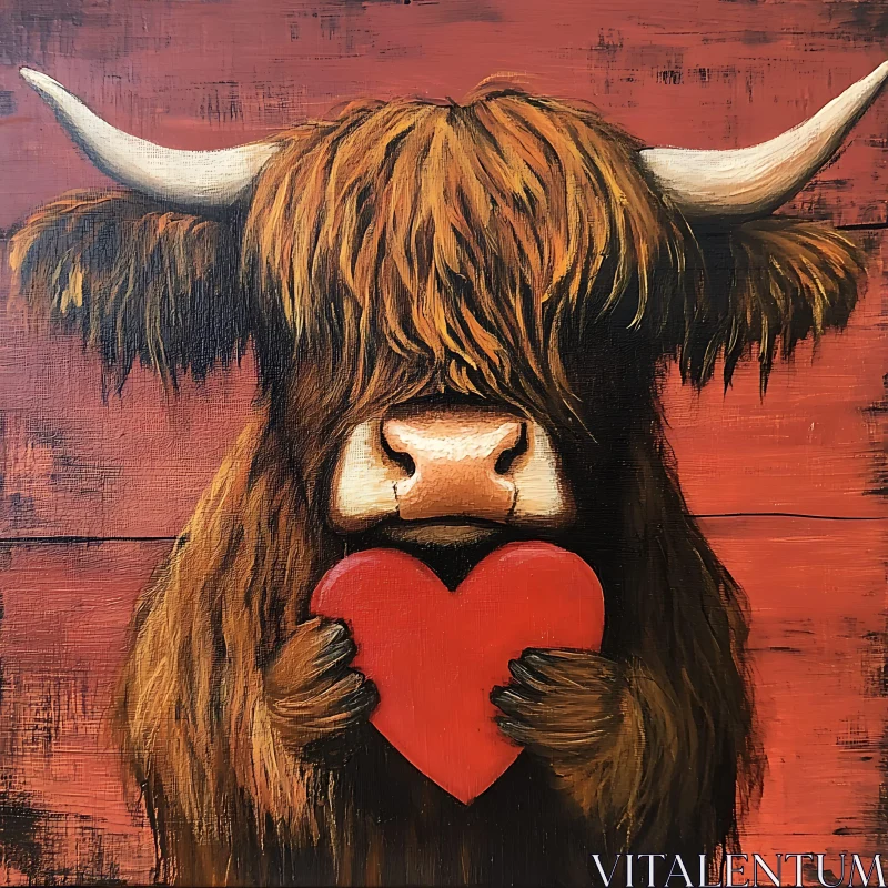 Charming Highland Cow with Red Heart Artwork AI Image