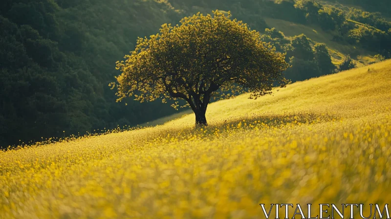 Solitary Tree in Blooming Yellow Field AI Image