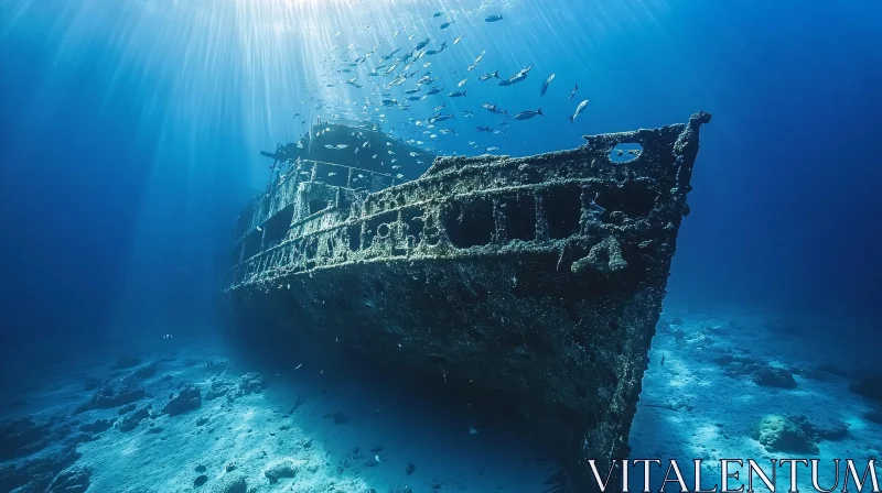 Eerie Underwater Shipwreck Lit by Ocean Sunlight AI Image