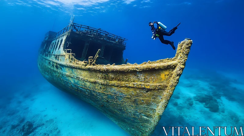 Scuba Diver Near Sunken Ship in Ocean AI Image