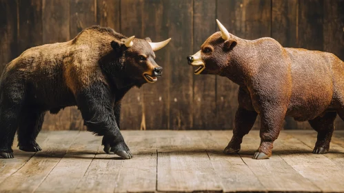 Artistic Bull Models on Wooden Background