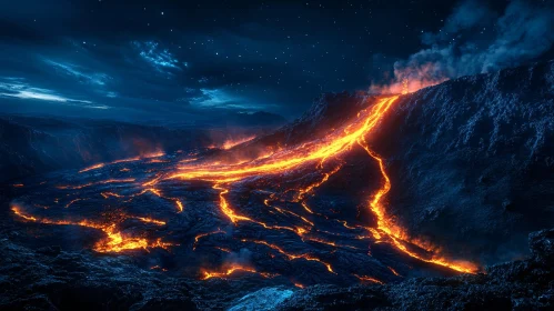 Night Volcano Erupition with Lava Streams