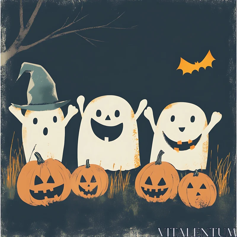 AI ART Cheerful Ghosts and Halloween Pumpkins Art