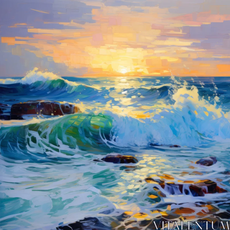 Impressionistic Sunset Over Crashing Waves: A Study in Light and Shadow AI Image