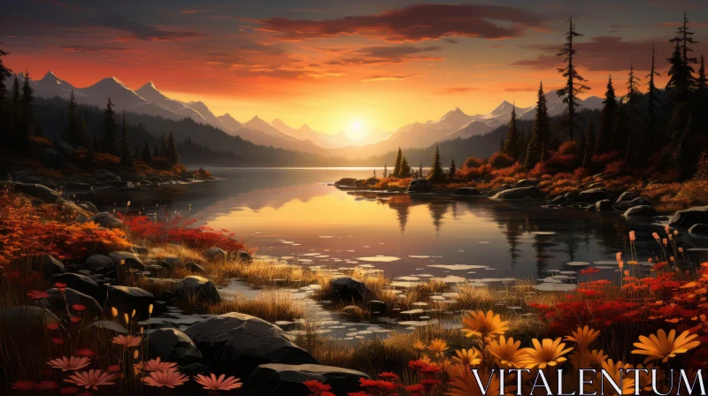 Sunset Over Lake: A Digital Painting of Nature's Splendor AI Image