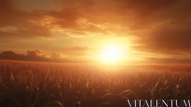 Golden Sunset Over Wheat Field AI Image