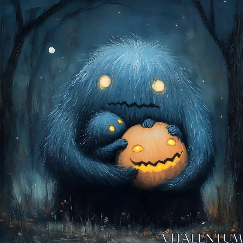 AI ART Spooky Forest Night with Fluffy Monsters and Jack-O'-Lantern