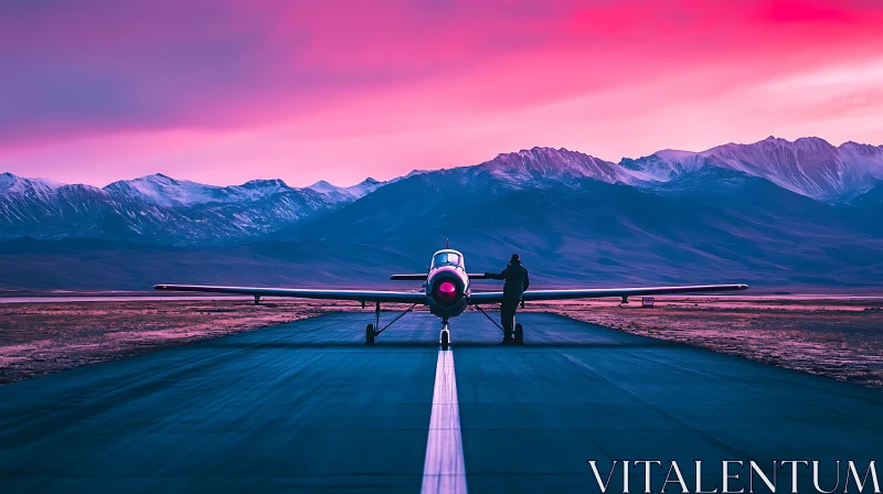 Majestic Sunset over Runway with Airplane AI Image