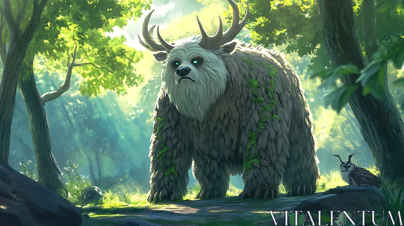 Antlered Bear in Sunlit Forest AI Image