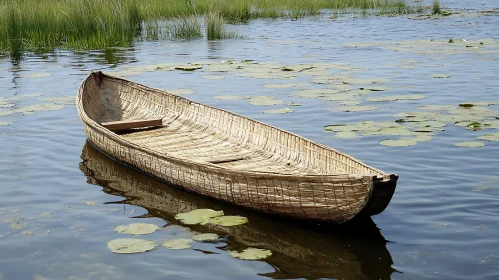 Peaceful Wooden Boat in Calm Waters with Lily Pads