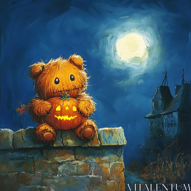 AI ART Moonlit Halloween Scene Featuring Teddy Bear