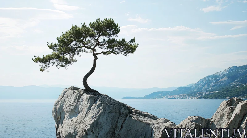 Serene Landscape with Lonely Tree and Calm Sea AI Image