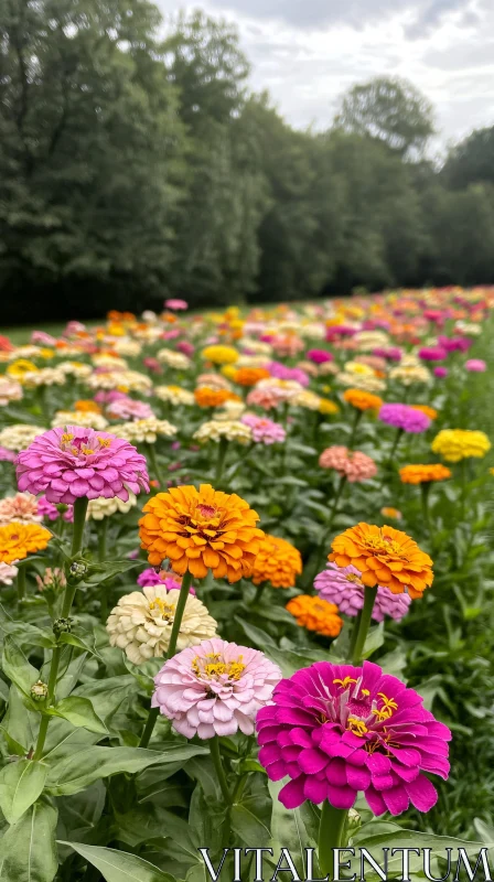 Vibrant Flower Field with Multicolored Zinnias AI Image