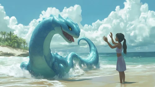 Fantasy Beach Dragon and Girl Interaction