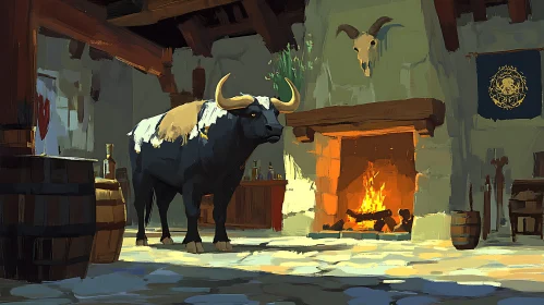 Bull in Warm Tavern Interior