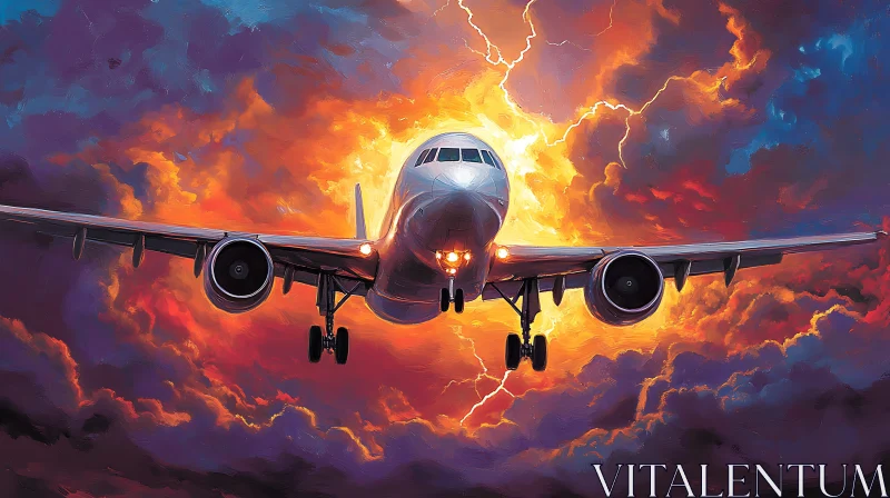 Airplane in a Stormy Sky with Lightning AI Image