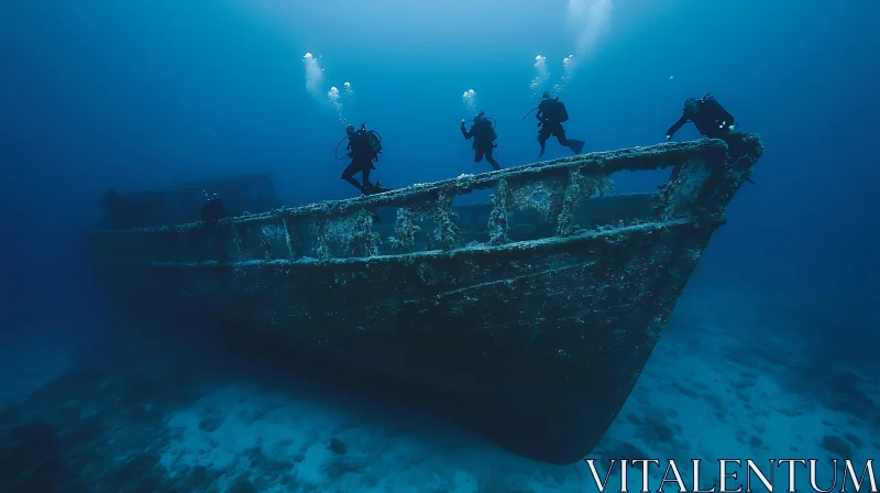 Scuba Divers Explore Marine Shipwreck Beneath the Ocean AI Image