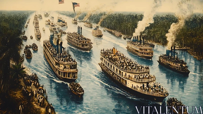 Historical Scene of Steamboats on a River AI Image