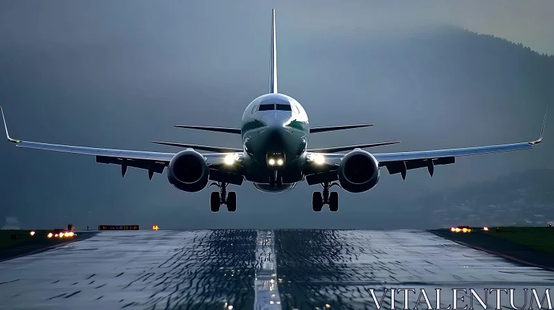 Airplane Approaching Runway in Dusk AI Image