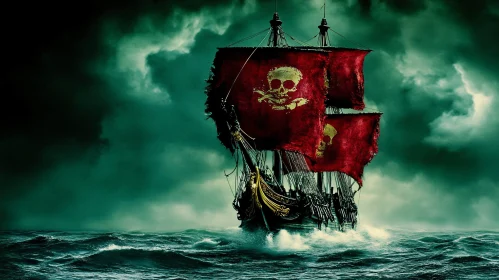 Stormy Nautical Scene Featuring Pirate Ship and Skull Flags