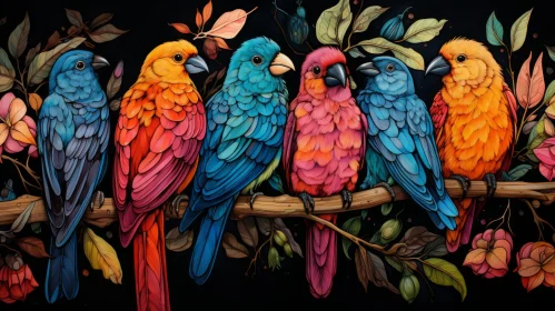 Colorful Parakeets on Branch - A Fusion of Street Art and Nature