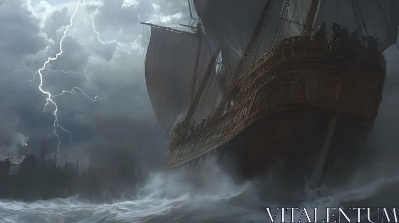 Epic Ship Confronting Stormy Ocean with Lightning Strikes AI Image