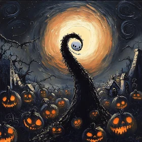 Spooky Halloween Scene with Jack-o'-Lanterns and Moon