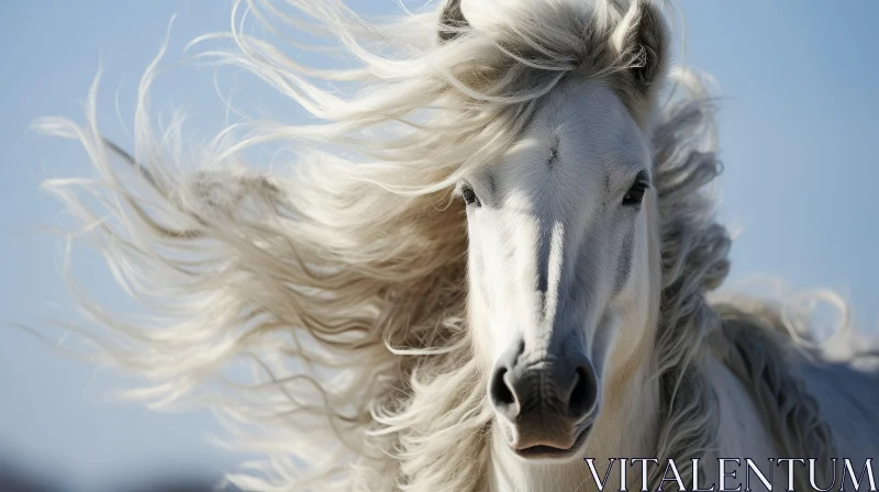 White Horse in the Wind: A Close-up Study AI Image