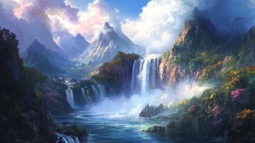 Idyllic Landscape of Waterfalls and Mountains