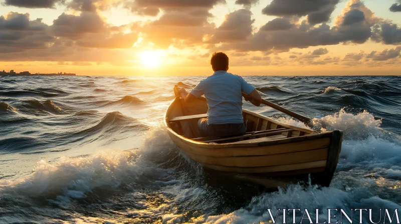 Sunset Over Choppy Sea with Man Rowing Boat AI Image