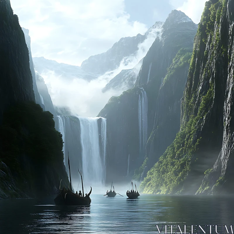 Waterfalls and Boats in Misty Mountain Scenery AI Image