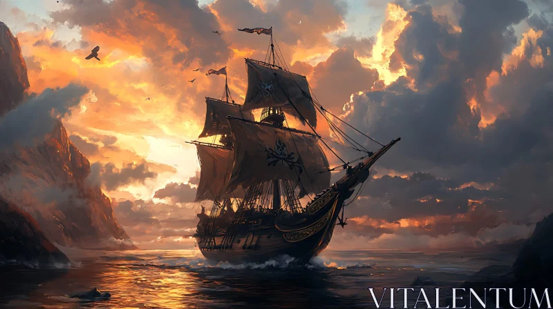 Pirate Ship at Sunset AI Image