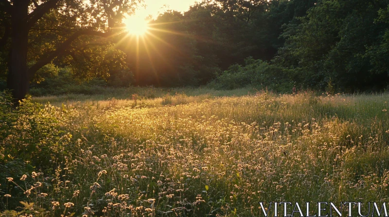 Golden Hour in a Meadow with Blooming Wildflowers AI Image