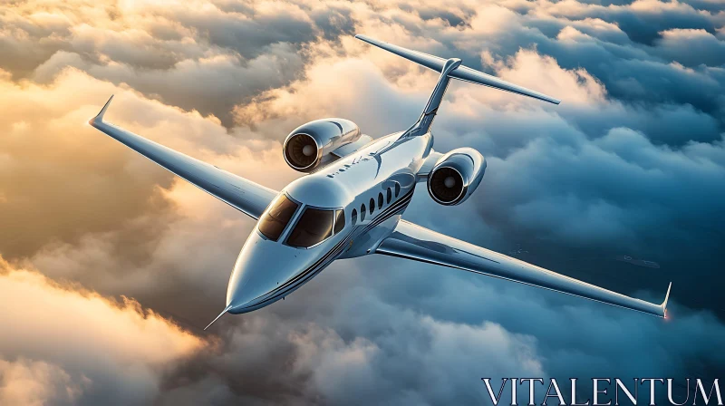 Luxurious Jet Above Sunset Clouds AI Image