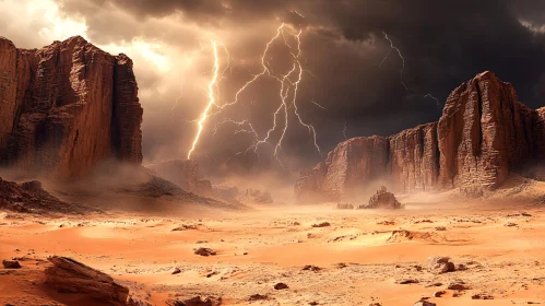 Desert Thunderstorm with Striking Lightning and Majestic Cliffs