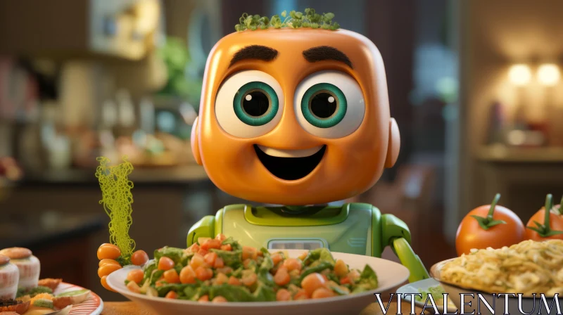 Adorable Robot Character with Vegetables - Quirky Animation Art AI Image