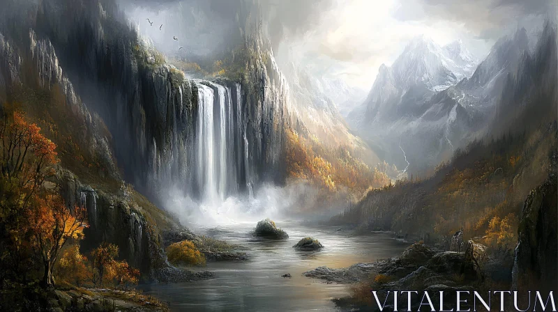 AI ART Mesmerizing Autumn Waterfall in Mountainous Landscape