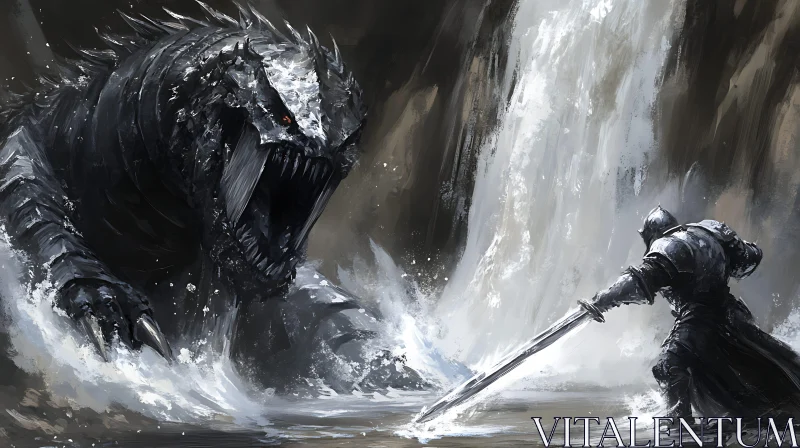 Epic Fantasy Battle Between Knight and Dragon AI Image