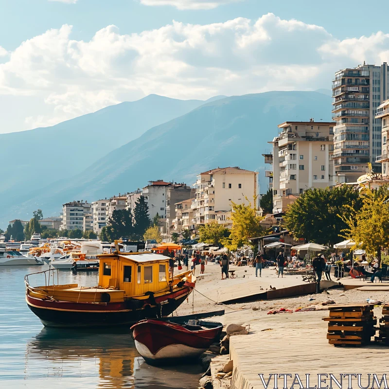 Serene Waterfront City and Mountain Landscape AI Image