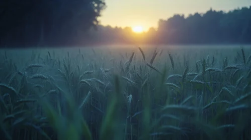 Misty Morning in a Wheat Field at Sunrise