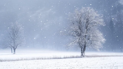 Peaceful Snowy Field with Bare Trees