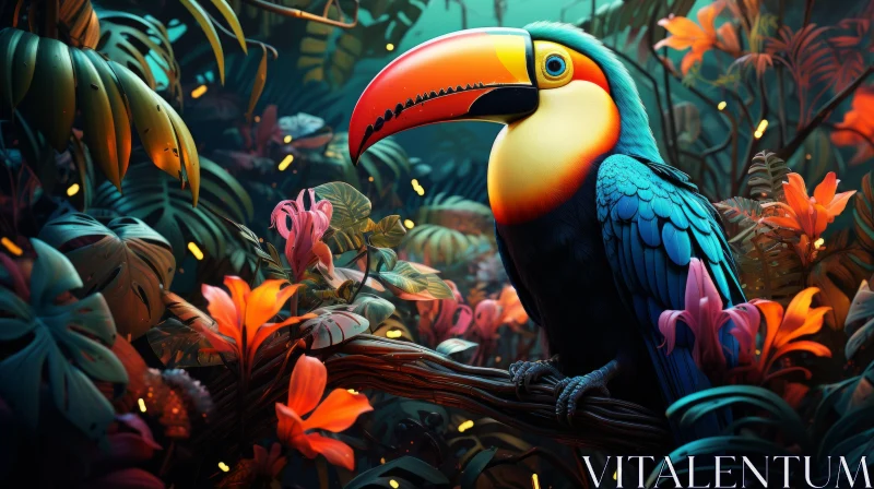 Colorful Toucan Amidst Jungle Flora - Detailed Art Illustration AI Image