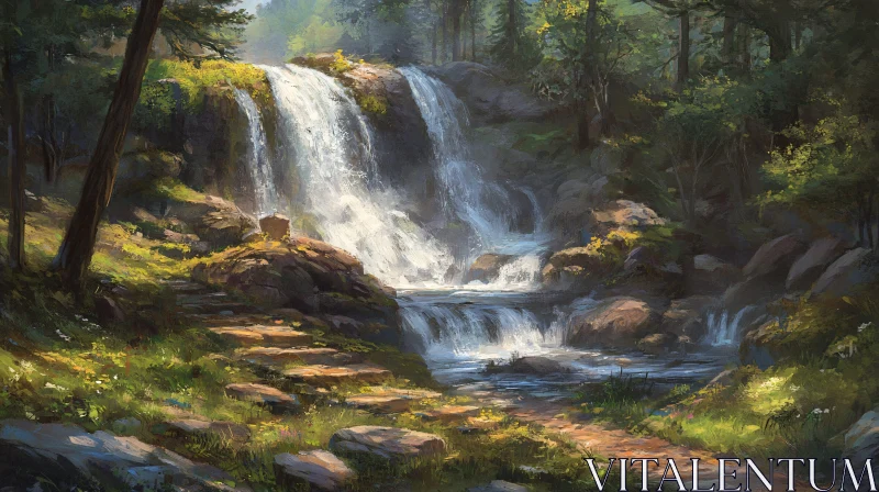 AI ART Tranquil Cascading Waterfall in Forest