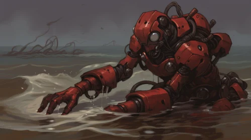 Post-Apocalyptic Scene with a Red Robot Fighting the Waves