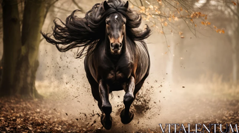 Running Black Horse Amidst Autumn Forest - A Symbolic Nature Capture AI Image