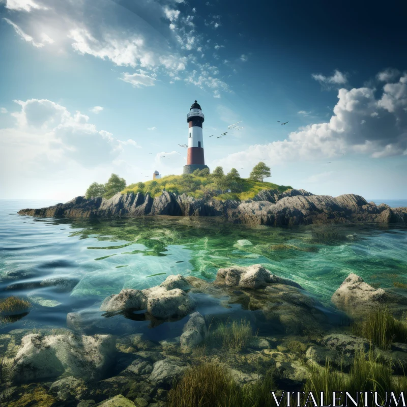 Serene Lighthouse Landscape on Rocky Island AI Image